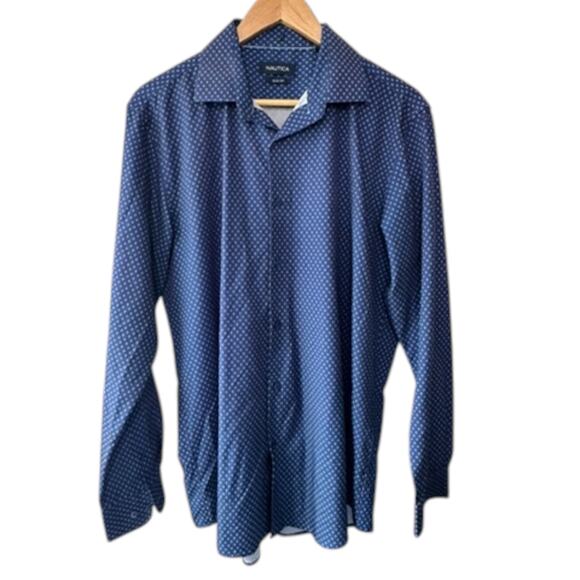 Nautica Blue Anchor Print Slim Fit Long Sleeve Button Down Shirt Men's Large - Picture 1 of 6